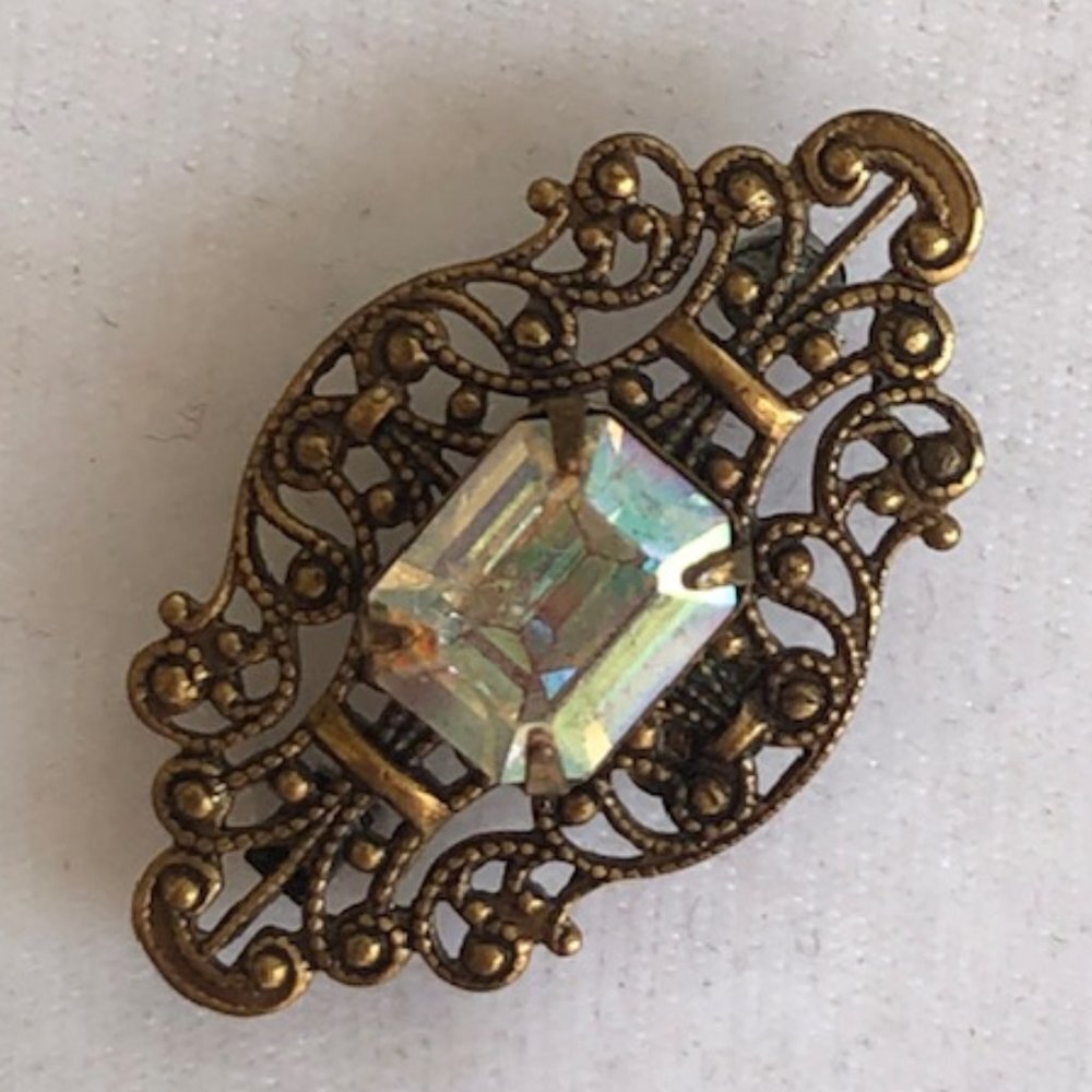 SADIE GREEN Signed Filigree Rectangle Crystal Brooch Pin Vintage